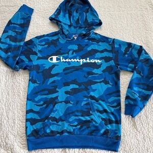 Champion Brush Stroke Script Logo  Bozzetto Blue Camo Hoodie EUC YL(14/16)